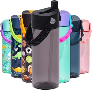 Elemental Water Bottles for Kids - Splash Kids Water Bottle for School with Pop-it Handle - BPA Free Tritan Plastic Water Bottle with Straw Leak Proof when Spout is Closed - Black - 18oz