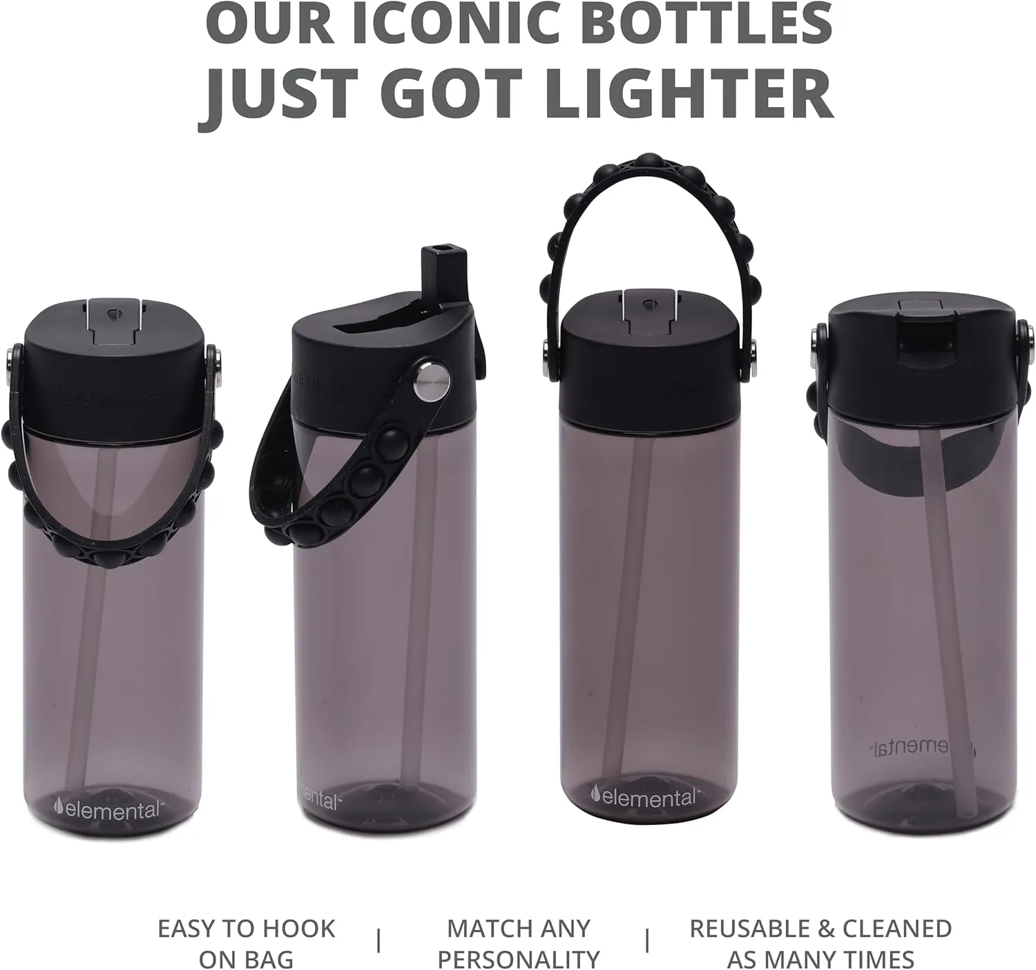 Elemental Water Bottles for Kids - Splash Kids Water Bottle for School with Pop-it Handle - BPA Free Tritan Plastic Water Bottle with Straw Leak Proof when Spout is Closed - Black - 18oz