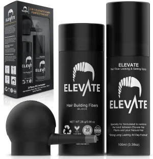 ELEVATE Hair Perfecting 3-in-1 Kit Set Includes Natural Hair Thickening Fibers & Spray Applicator Pump Nozzle & Locking Setting Hold Spray | Instantly Conceal Balding and Thinning Areas (Black)
