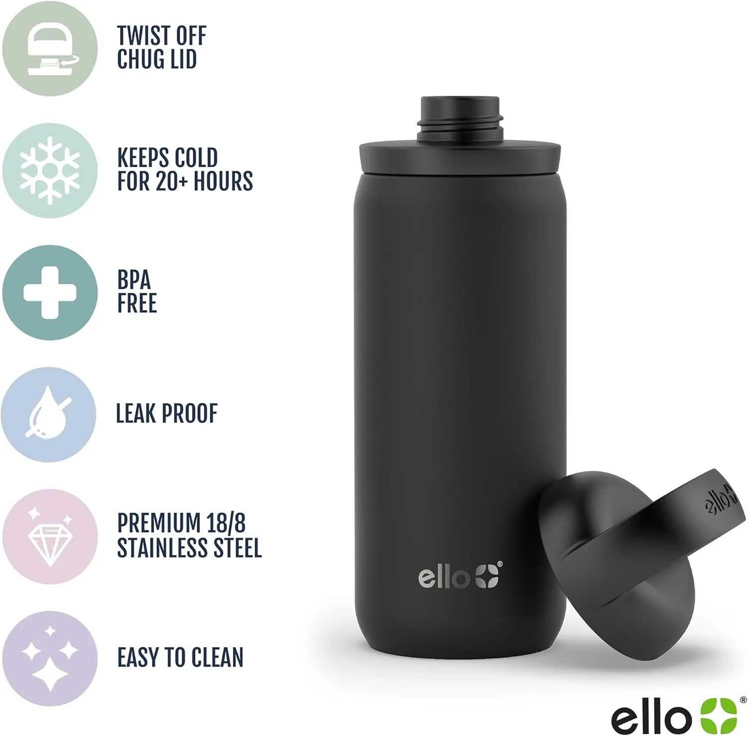 Ello Cooper Twist 18oz Kids Stainless Steel Water Bottle with Chug Lid | Leak Proof Double Walled and Vacuum Insulated | Fits Car Cupholder | Built in Carry Loop | Dishwasher Safe | Halogen Blue