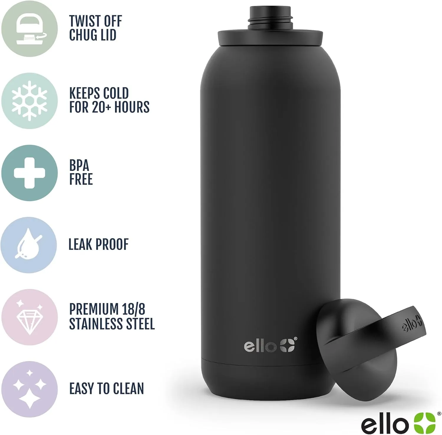 Ello Cooper Twist 40oz Stainless Steel Water Bottle with Chug Lid | Leak Proof | Double Walled and Vacuum Insulated | Built in Carry Loop | Dishwasher Safe | Bubblegum Pink