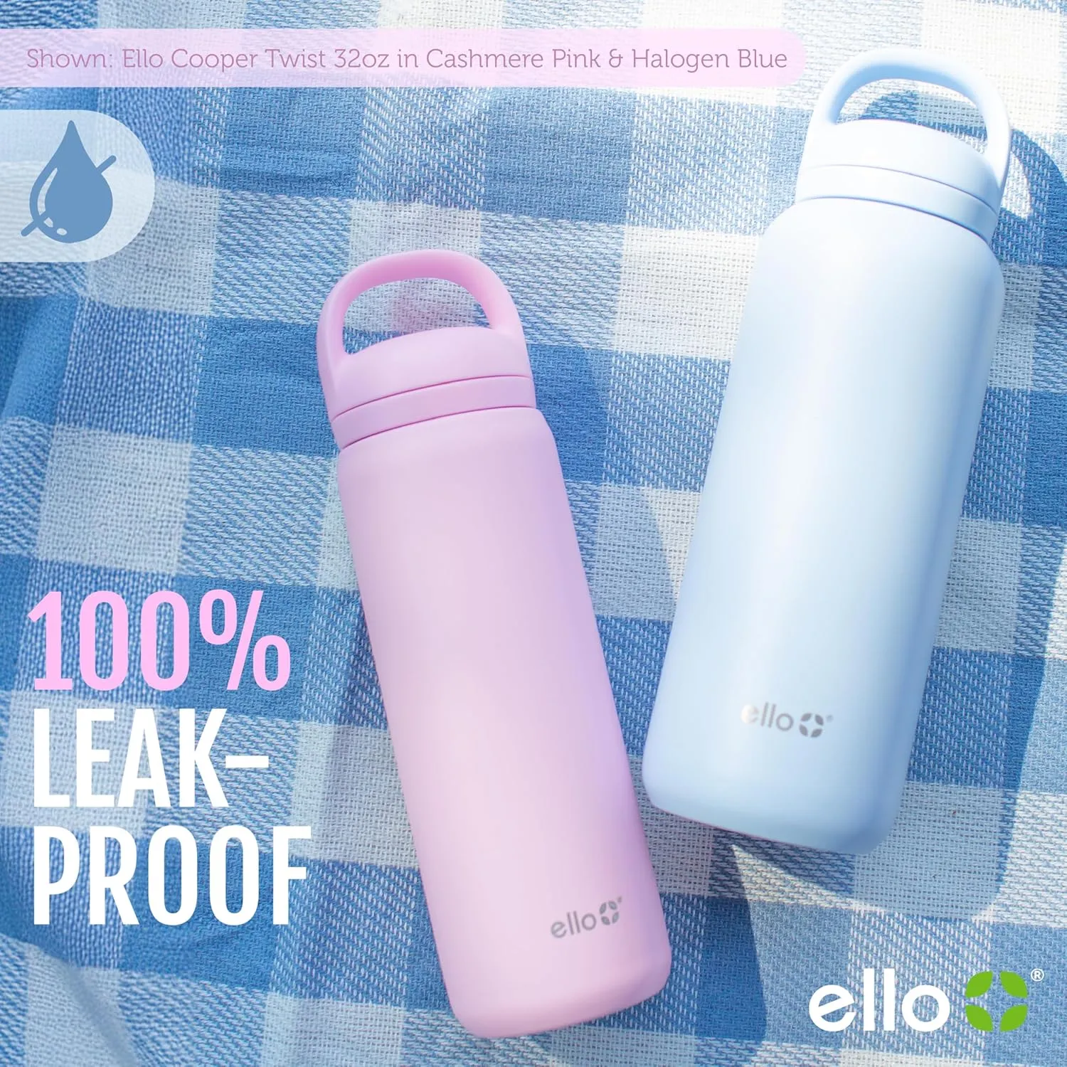 Ello Cooper Twist 40oz Stainless Steel Water Bottle with Chug Lid | Leak Proof | Double Walled and Vacuum Insulated | Built in Carry Loop | Dishwasher Safe | Bubblegum Pink