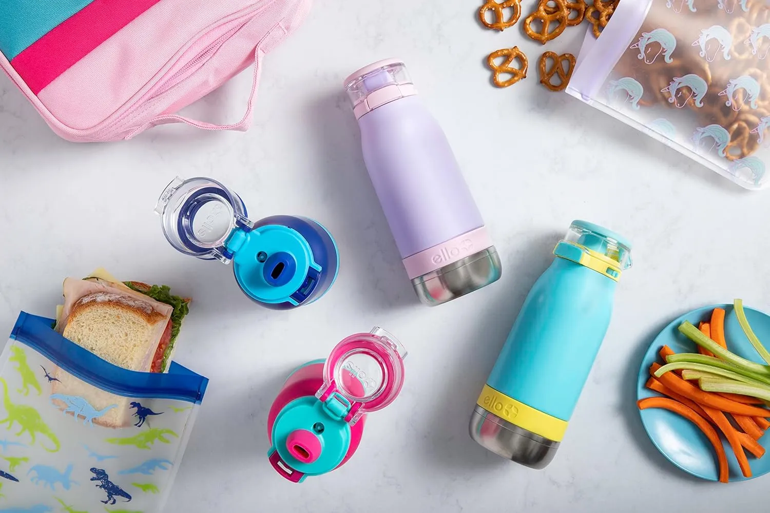Ello Emma 14oz Vacuum Insulated Stainless Steel Kids Water Bottle with Straw and Built-in Carrying Handle and Leak-Proof Locking Lid for School Backpack, Lunchbox and Outdoor Sports, Sky
