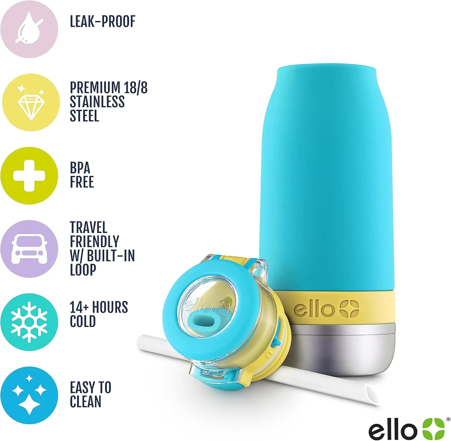 Ello Emma 14oz Vacuum Insulated Stainless Steel Kids Water Bottle with Straw and Built-in Carrying Handle and Leak-Proof Locking Lid for School Backpack, Lunchbox and Outdoor Sports, Sky