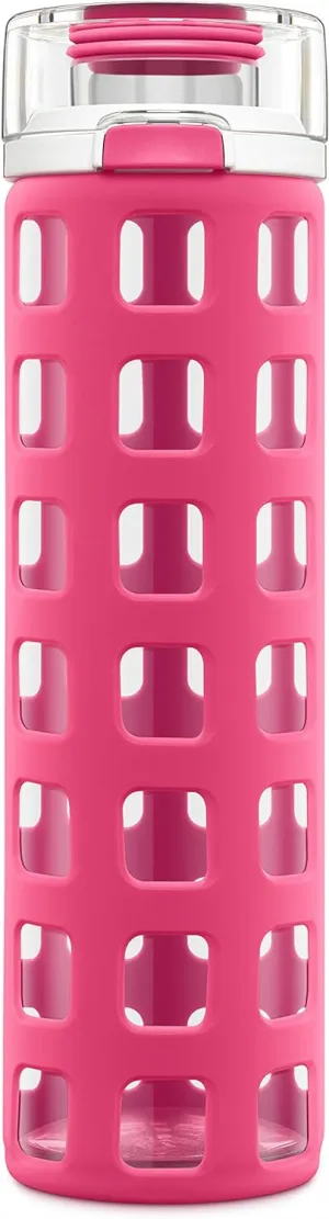 Ello Syndicate 20oz Reusable Glass Water Bottle with One-Touch Leak Proof Flip Lid and Protective Non-Slip Silicone Sleeve and Carry Loop for Coffee, Tea and Water, BPA-free Dishwasher Safe