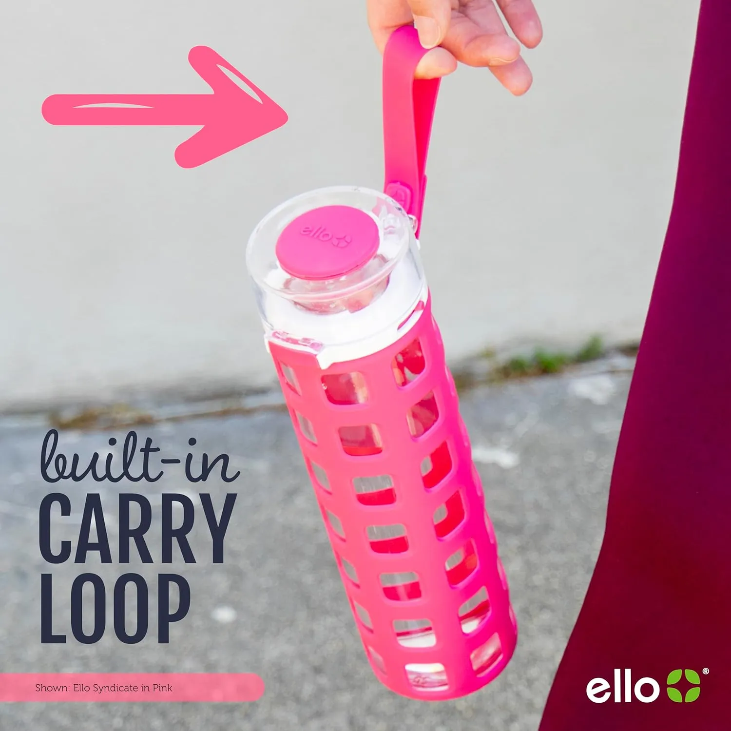 Ello Syndicate 20oz Reusable Glass Water Bottle with One-Touch Leak Proof Flip Lid and Protective Non-Slip Silicone Sleeve and Carry Loop for Coffee, Tea and Water, BPA-free Dishwasher Safe