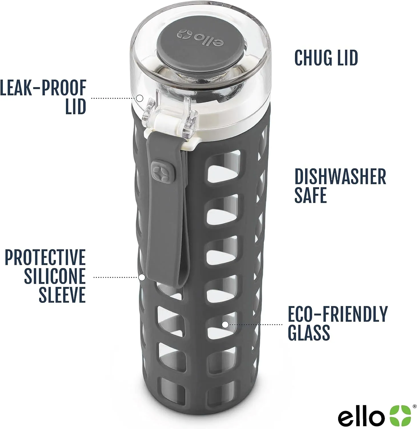 Ello Syndicate 20oz Reusable Glass Water Bottle with One-Touch Leak Proof Flip Lid and Protective Non-Slip Silicone Sleeve and Carry Loop for Coffee, Tea and Water, BPA-free Dishwasher Safe