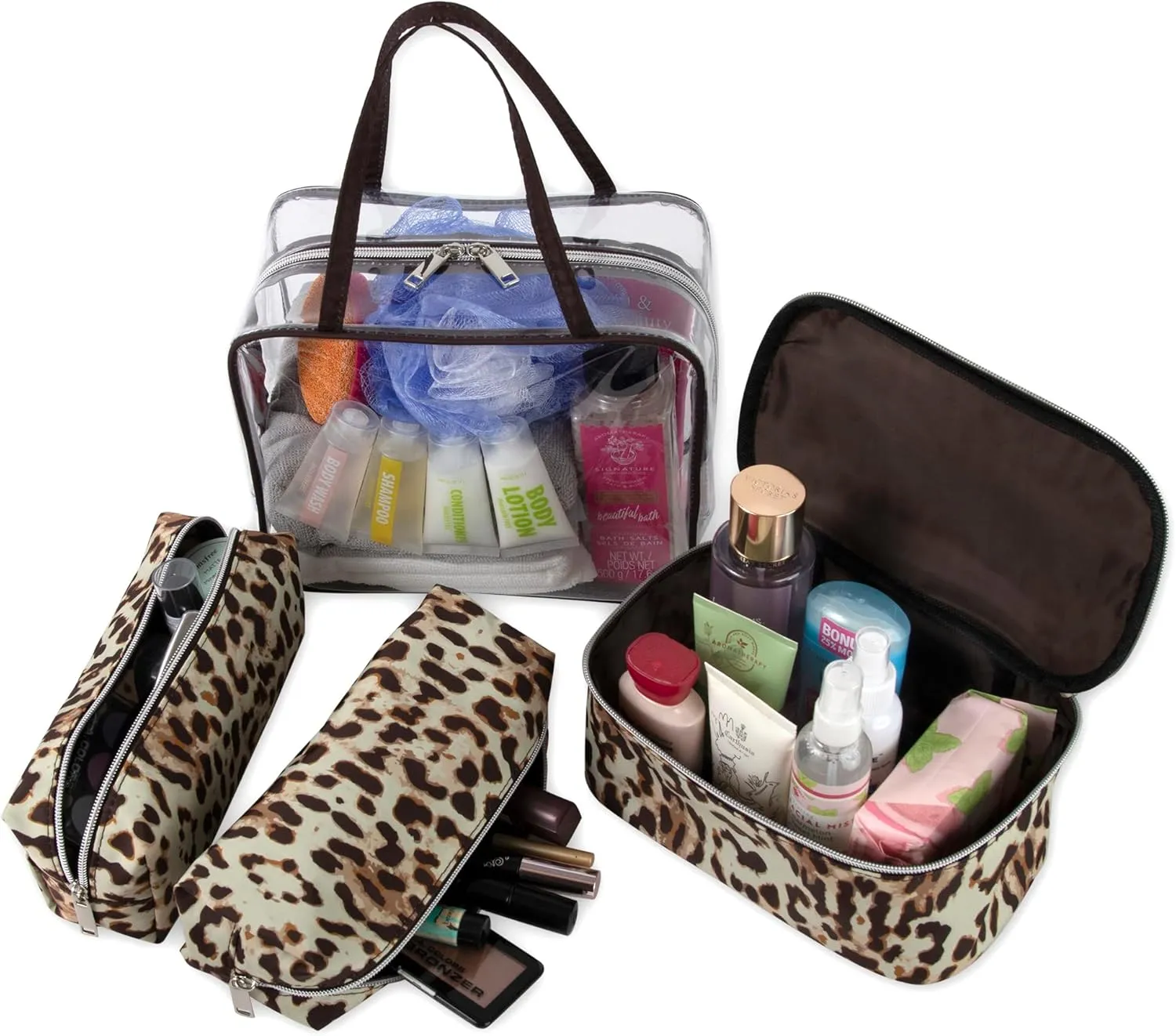 Emma & Chloe 4 Piece Toiletry Bag Set, Waterproof Home, Travel Cosmetic Train Case Makeup Bags for Women with Handle, Zipper – 4 Makeup Bags Set (Ladylike Leopard)