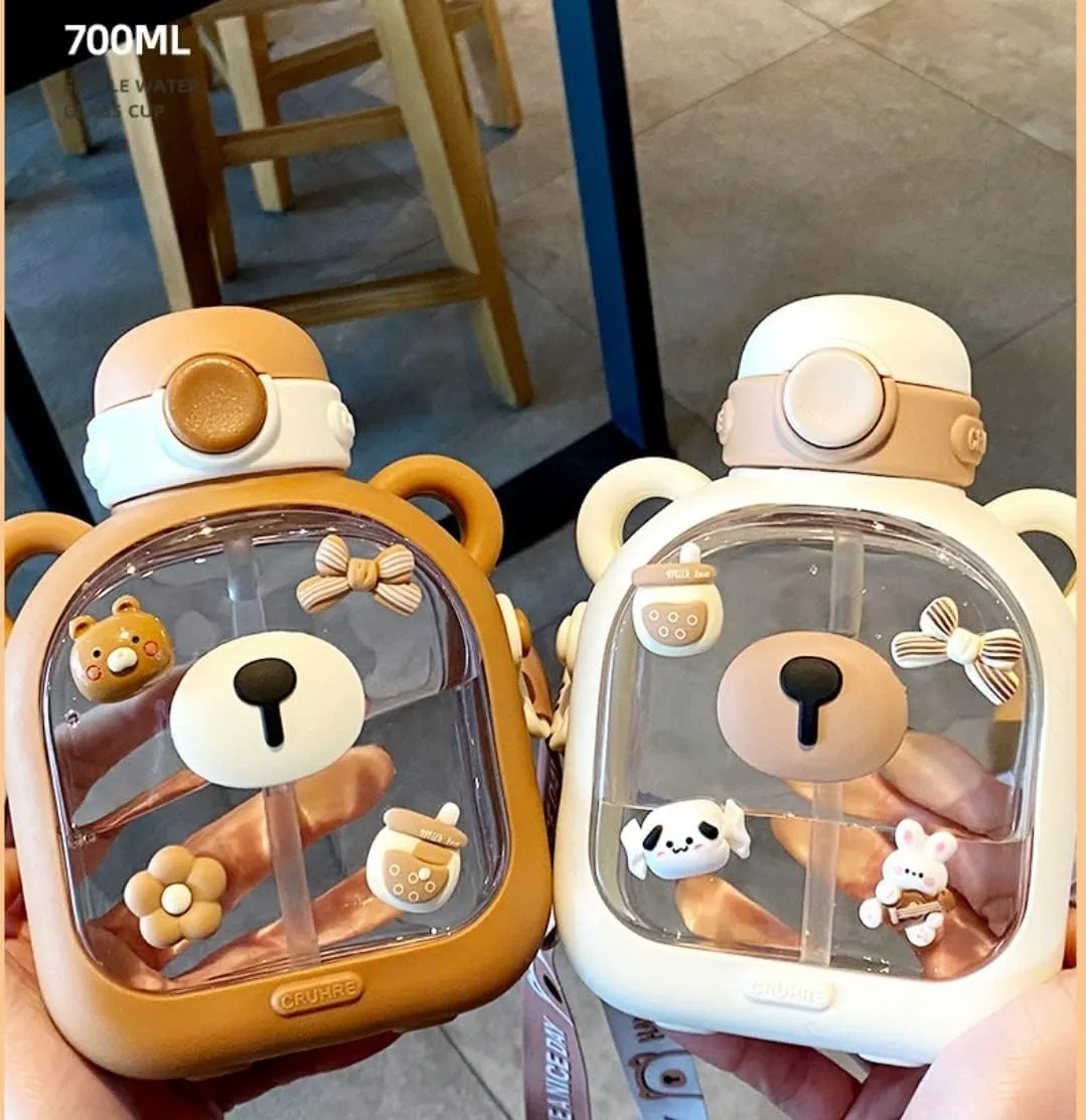 ERTISA 25oz Portable Clear Water Bottle transparent cold water chil ice - Cute Kawaii Bear Water Bottle Cross bodyTravel Mug Flask (Brown)