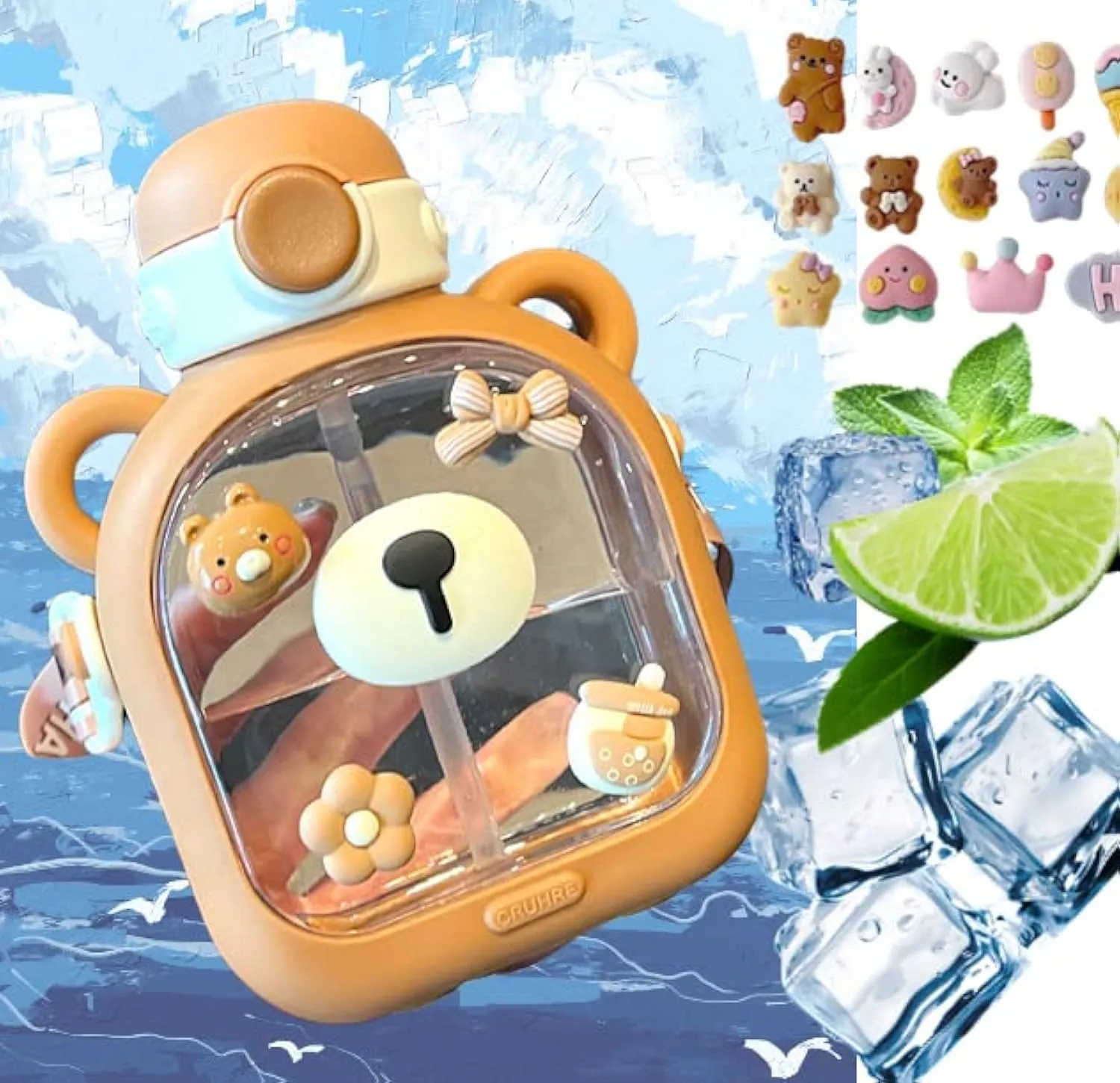 ERTISA 25oz Portable Clear Water Bottle transparent cold water chil ice - Cute Kawaii Bear Water Bottle Cross bodyTravel Mug Flask (Brown)