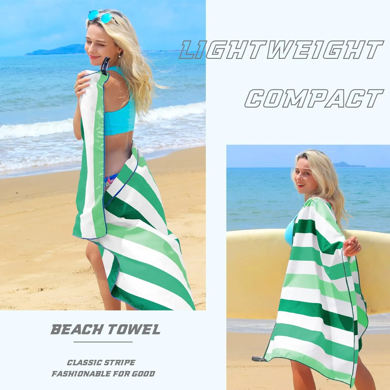 Exclusivo Mezcla 2 Pack Large Quick Dry Beach Towels, Microfiber Sand Free Cabana Stripe Pool Bath Swim Towel with Bag, Lightweight and Thin (Forest Green and Dark Purple, 30x60 Inches)