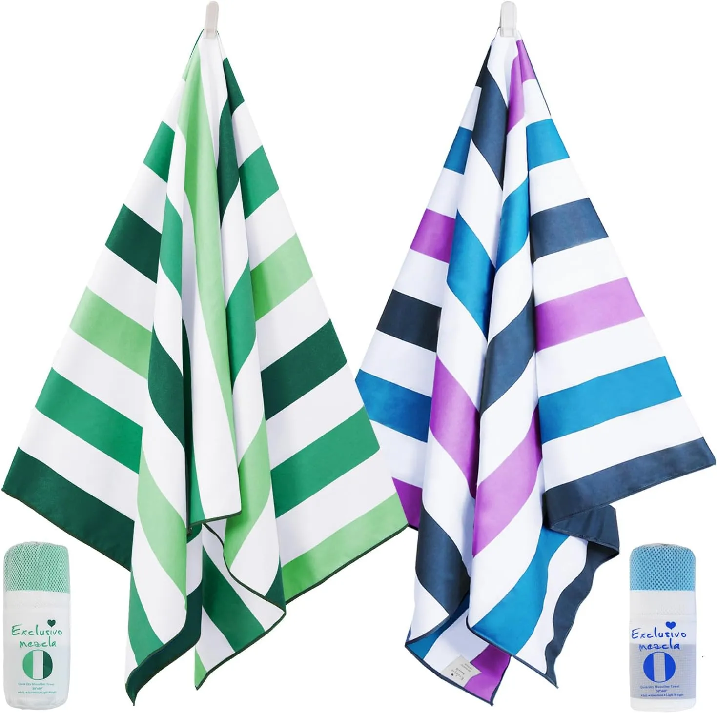 Exclusivo Mezcla 2 Pack Large Quick Dry Beach Towels, Microfiber Sand Free Cabana Stripe Pool Bath Swim Towel with Bag, Lightweight and Thin (Forest Green and Dark Purple, 30x60 Inches)