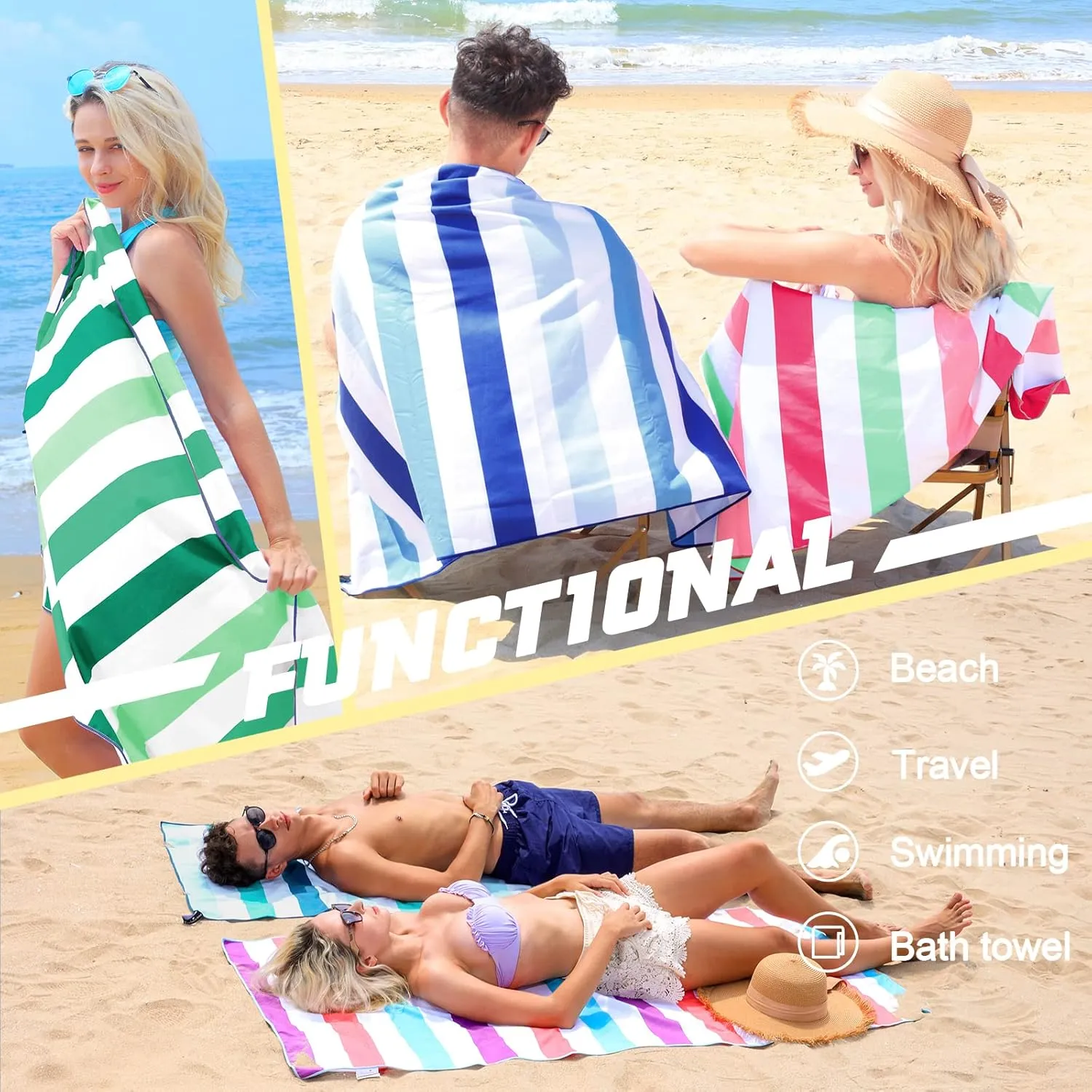 Exclusivo Mezcla 4 Pack Large Quick Dry Beach Towels, Microfiber Sand Free Cabana Stripe Pool Bath Swim Towel with Bag, Lightweight and Thin (Mixed Color, 30x60 Inches)