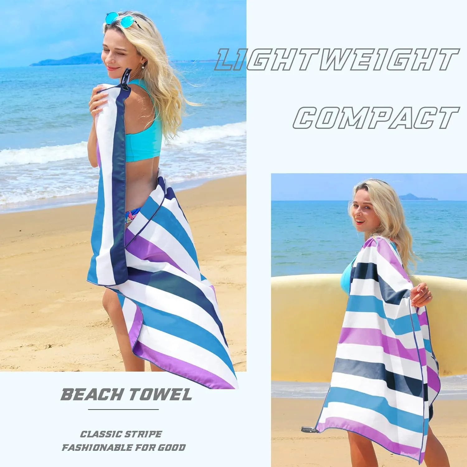 Exclusivo Mezcla 4 Pack Large Quick Dry Beach Towels, Microfiber Sand Free Cabana Stripe Pool Bath Swim Towel with Bag, Lightweight and Thin (Mixed Color, 30x60 Inches)