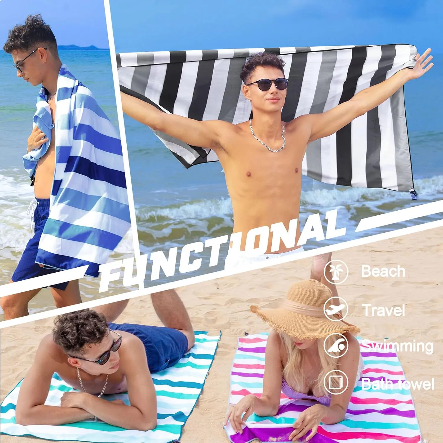 Exclusivo Mezcla 6 Pack Oversized Quick Dry Beach Towels, Microfiber Sand Free Cabana Stripe Pool Bath Swim Towel with Bag, Lightweight and Thin (Mixed Color, 35x70 Inches)