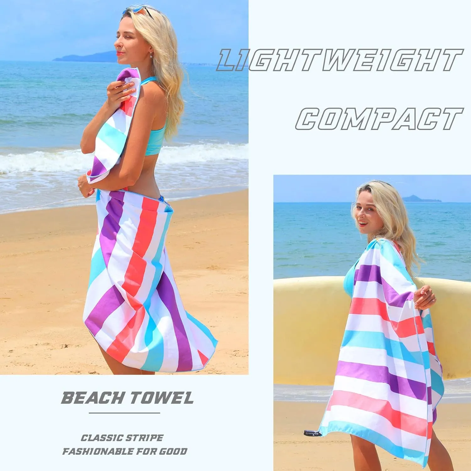 Exclusivo Mezcla 6 Pack Oversized Quick Dry Beach Towels, Microfiber Sand Free Cabana Stripe Pool Bath Swim Towel with Bag, Lightweight and Thin (Mixed Color, 35x70 Inches)