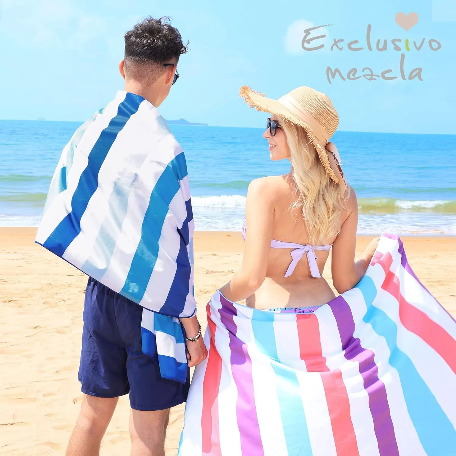 Exclusivo Mezcla 6 Pack Oversized Quick Dry Beach Towels, Microfiber Sand Free Cabana Stripe Pool Bath Swim Towel with Bag, Lightweight and Thin (Mixed Color, 35x70 Inches)