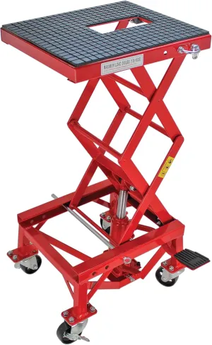 Extreme Max 5001.5083 Ultra-Stabile Hydraulic Motorcycle Lift Table with Foot Pad Lift Function - Raises Bikes from 13.25" to 34", 300 lbs. Weight Capacity, Red