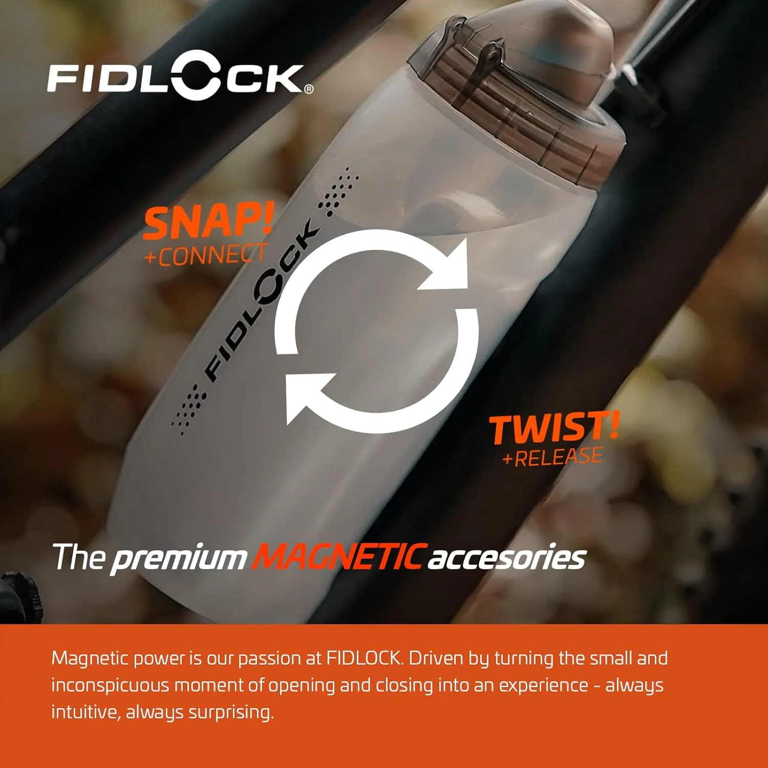 FIDLOCK Twist Bottle 590ml/20oz   Base Systems | New Leak-Proof, Self-Sealing Bottle Cap | Bike Water Bottle Holder with No Screws & Attached Bottle | Cage Free Magnetic Rack | Clear