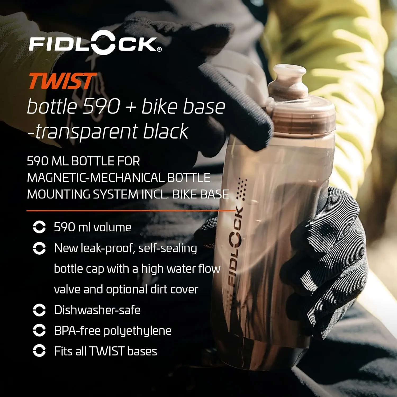 FIDLOCK Twist Bottle590ml/20oz   Base Systems | New Leak-Proof, Self-Sealing Bottle Cap | Bike Water Bottle Holder with No Screws & Attached Bottle | Cage Free Magnetic Rack | Smoke