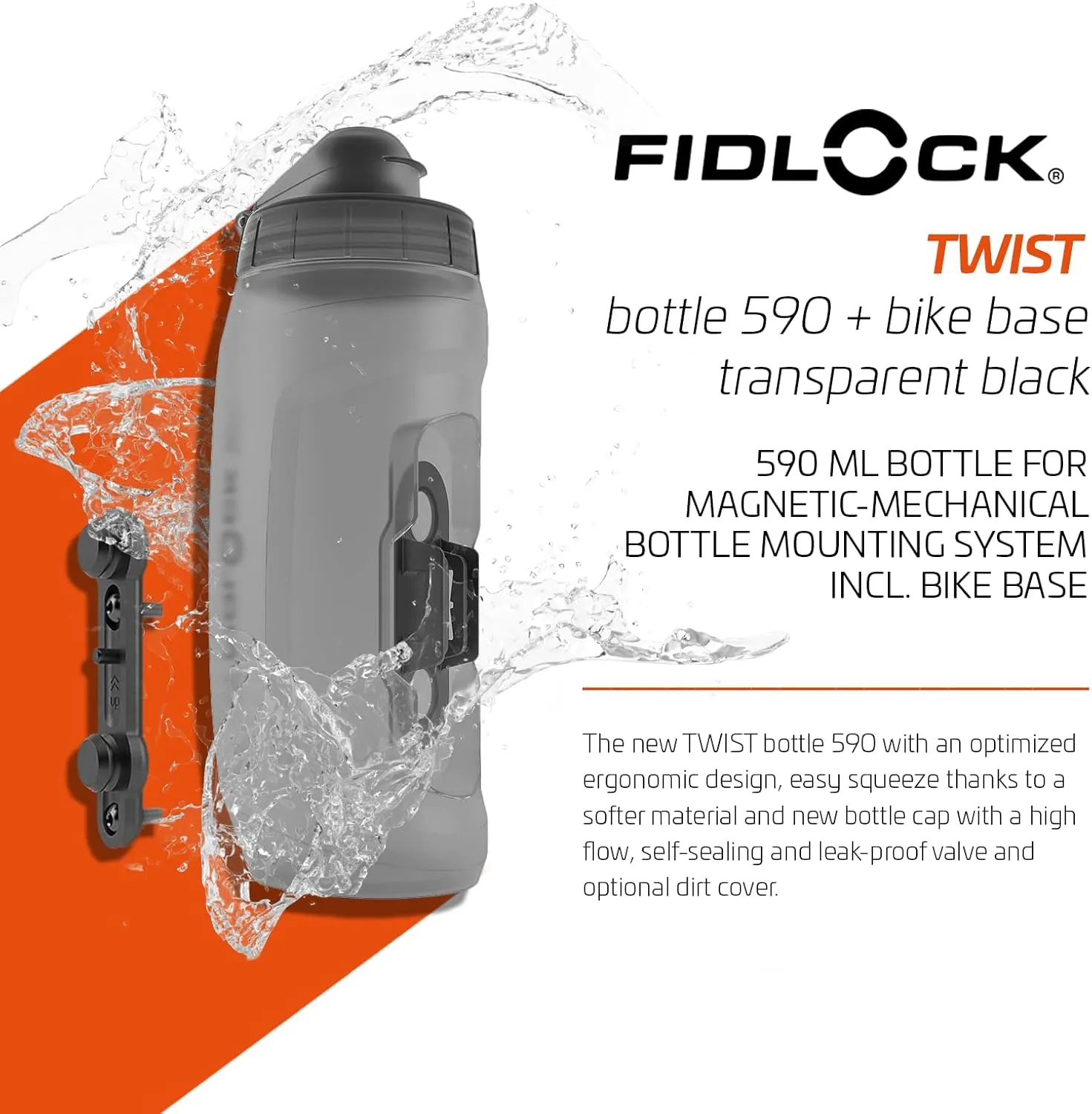 FIDLOCK Twist Bottle590ml/20oz   Base Systems | New Leak-Proof, Self-Sealing Bottle Cap | Bike Water Bottle Holder with No Screws & Attached Bottle | Cage Free Magnetic Rack | Smoke