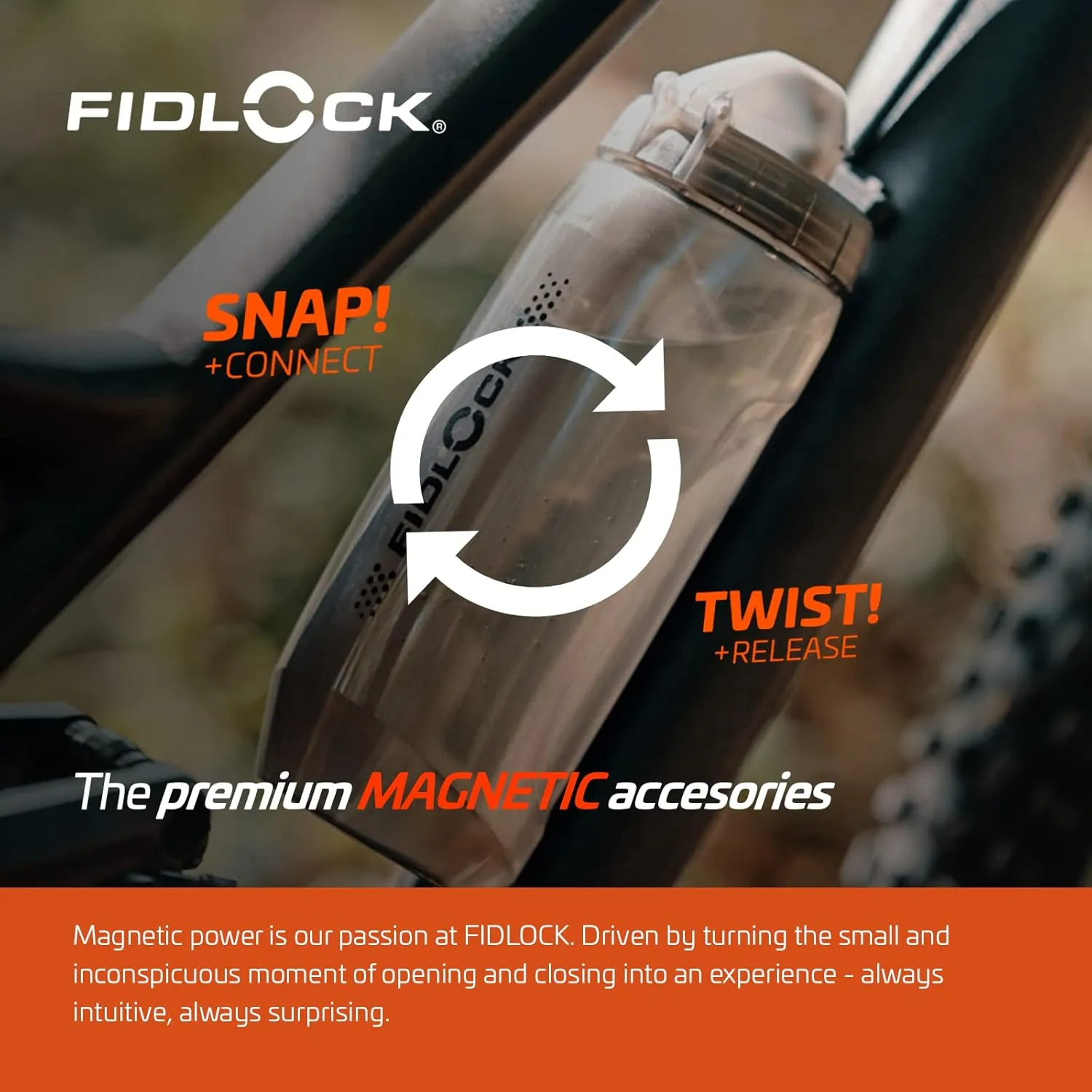 FIDLOCK Twist Bottle590ml/20oz   Base Systems | New Leak-Proof, Self-Sealing Bottle Cap | Bike Water Bottle Holder with No Screws & Attached Bottle | Cage Free Magnetic Rack | Smoke