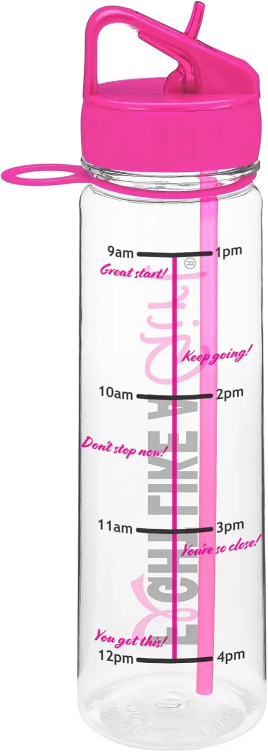 Fight Like a Girl Hybrid SlimKim 30 oz Motivational Water Bottle with Time Marker & Straw for Breast Cancer Awareness - Reusable Clear Water Bottle for Workout, Gym, Travel - Hot Pink