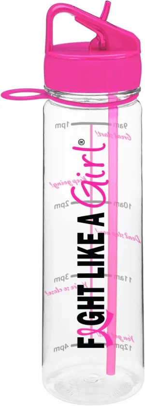 Fight Like a Girl Hybrid SlimKim 30 oz Motivational Water Bottle with Time Marker & Straw for Breast Cancer Awareness - Reusable Clear Water Bottle for Workout, Gym, Travel - Hot Pink