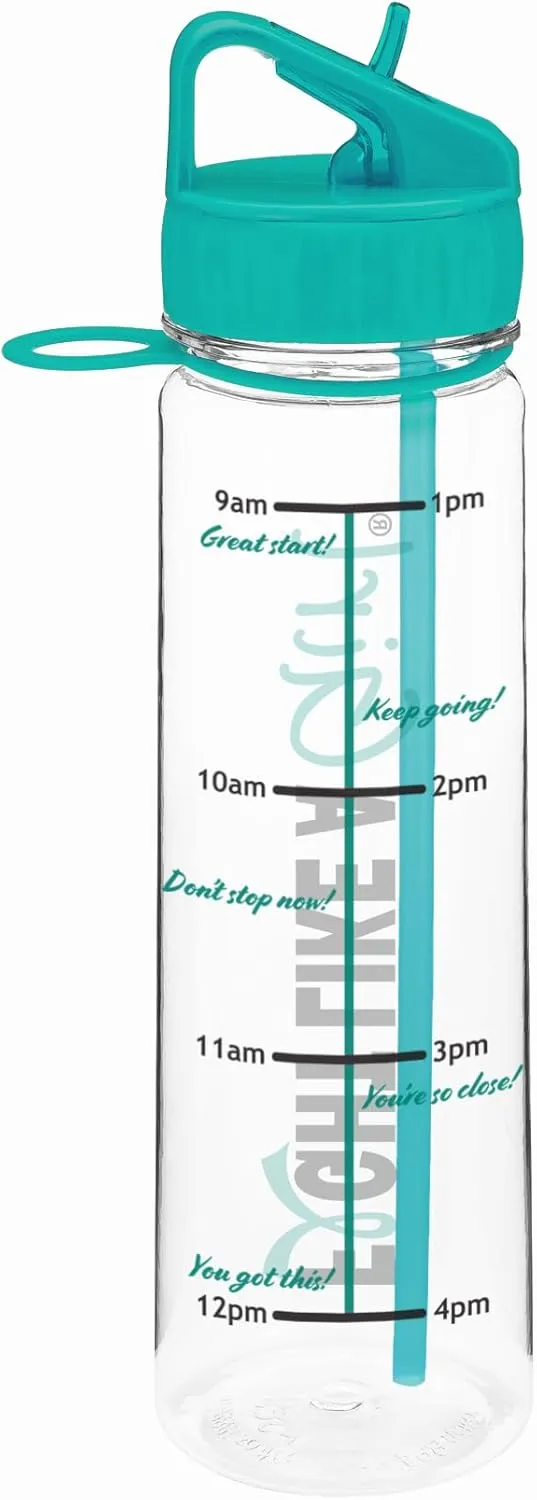 Fight Like a Girl Hybrid SlimKim 30 oz Motivational Water Bottle with Time Marker & Straw for Ovarian Cancer, PCOS, PTSD Awareness - Reusable Clear Water Bottle for Workout, Gym, Travel - Teal