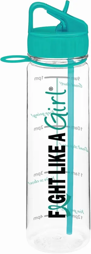 Fight Like a Girl Hybrid SlimKim 30 oz Motivational Water Bottle with Time Marker & Straw for Ovarian Cancer, PCOS, PTSD Awareness - Reusable Clear Water Bottle for Workout, Gym, Travel - Teal