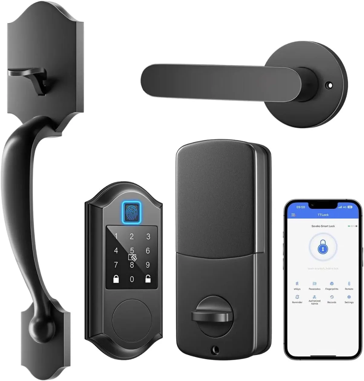 Fingerprint Smart Front Door Lock Set, Keyless Entry Door Lock with Handle, Smart Locks for Front Door, Keypad Deadbolt with Handle, APP Control, Touchscreen Keypad, Auto Locking, Matte Black