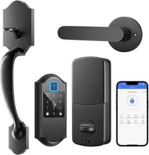 Fingerprint Smart Front Door Lock Set, Keyless Entry Door Lock with Handle, Smart Locks for Front Door, Keypad Deadbolt with Handle, APP Control, Touchscreen Keypad, Auto Locking, Matte Black