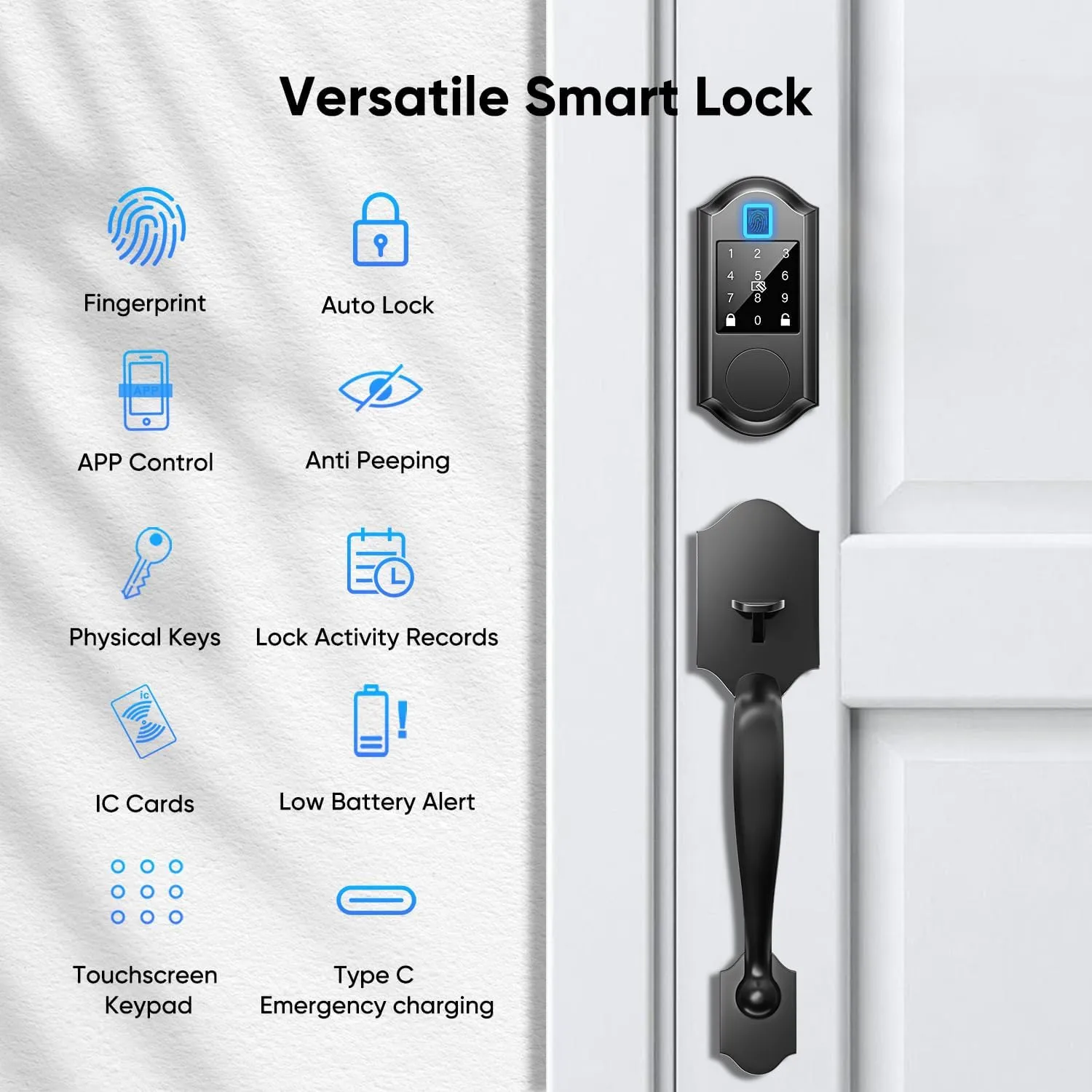 Fingerprint Smart Front Door Lock Set, Keyless Entry Door Lock with Handle, Smart Locks for Front Door, Keypad Deadbolt with Handle, APP Control, Touchscreen Keypad, Auto Locking, Matte Black