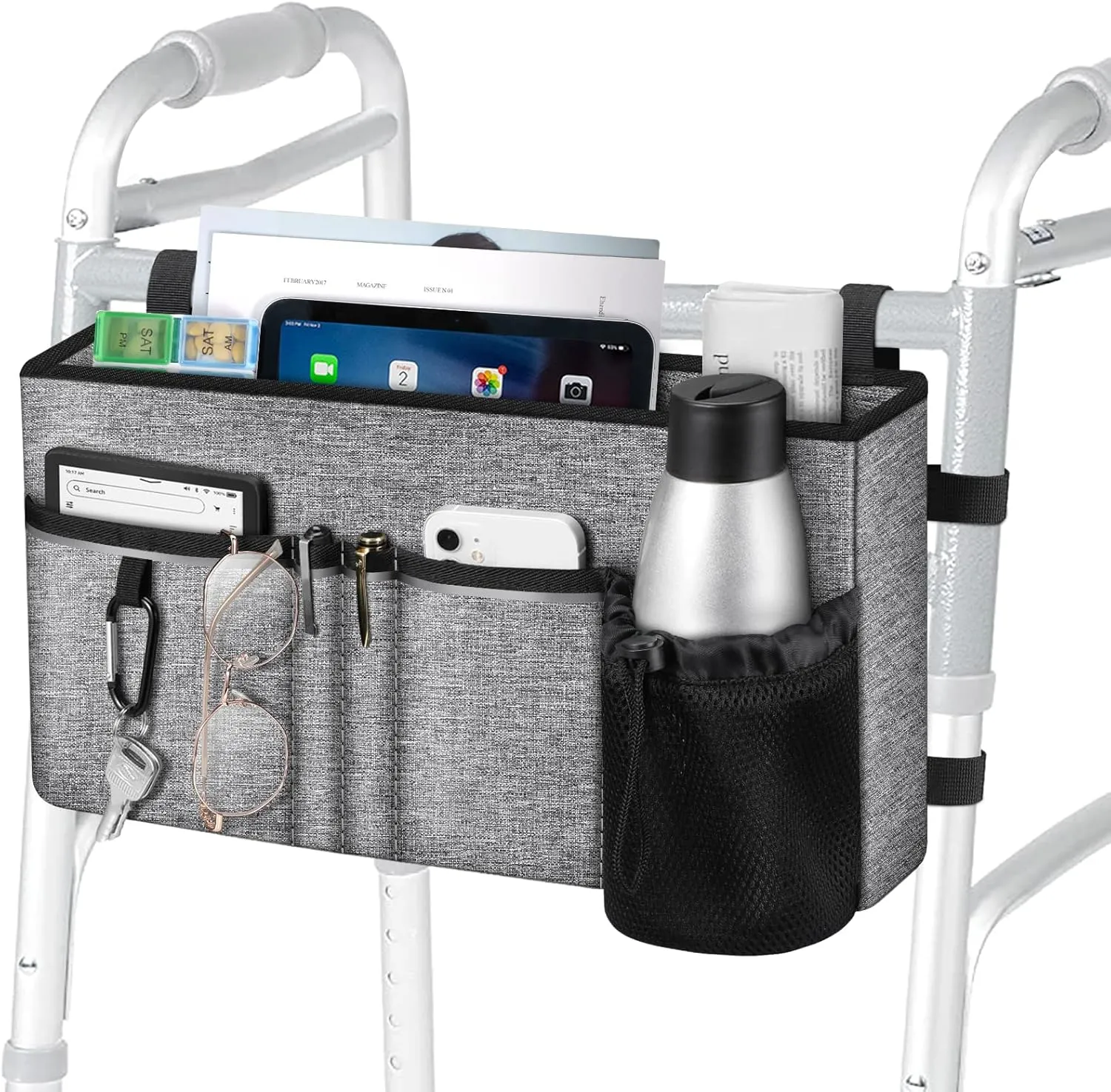 FINPAC Large Walker Tote Bag with Cup Holder, Folding Walker Attachment Hands-Free Storage Basket Mobility Aid Accessory Pouch for Elderly, Senior, Gray