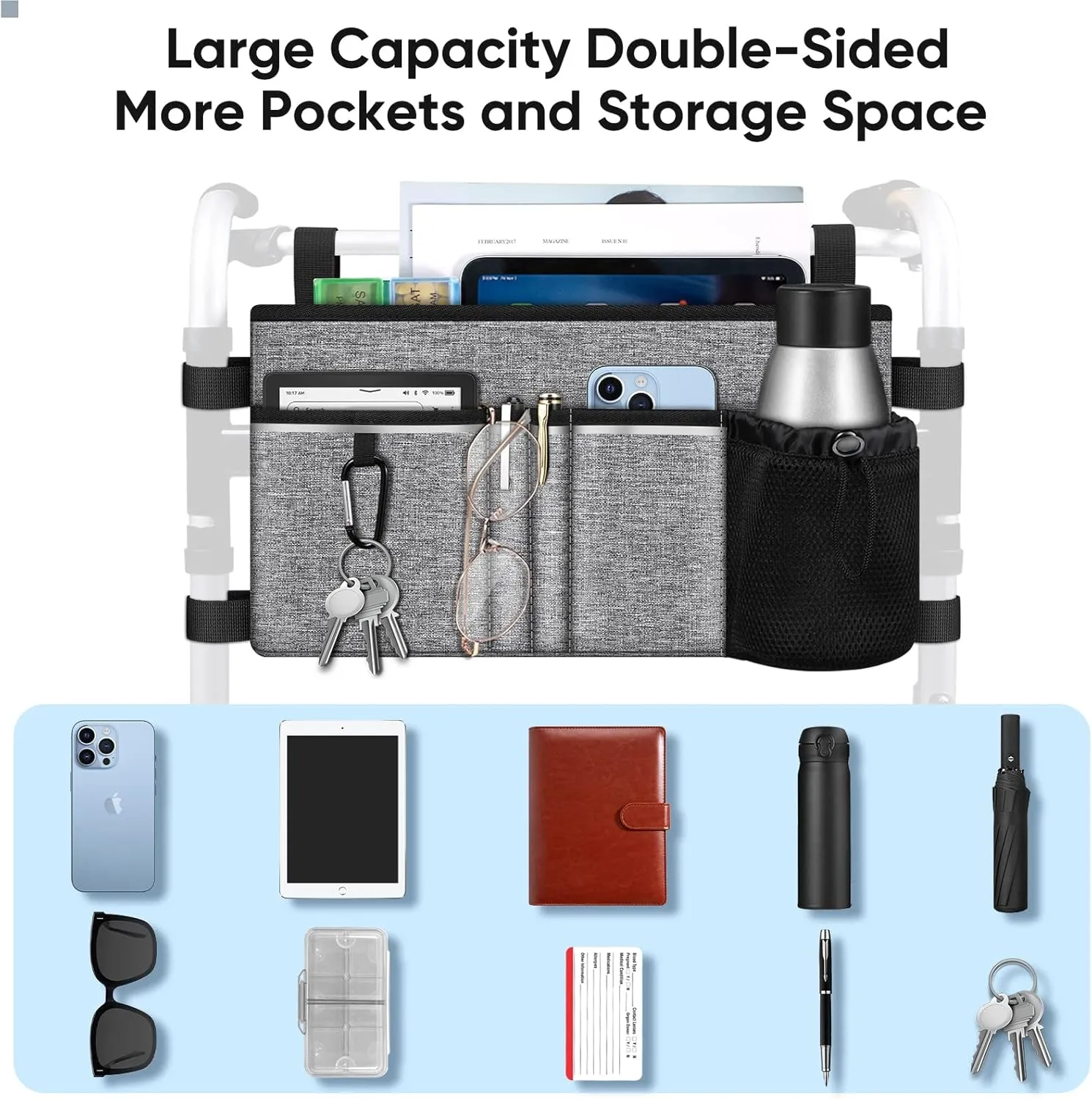 FINPAC Large Walker Tote Bag with Cup Holder, Folding Walker Attachment Hands-Free Storage Basket Mobility Aid Accessory Pouch for Elderly, Senior, Gray