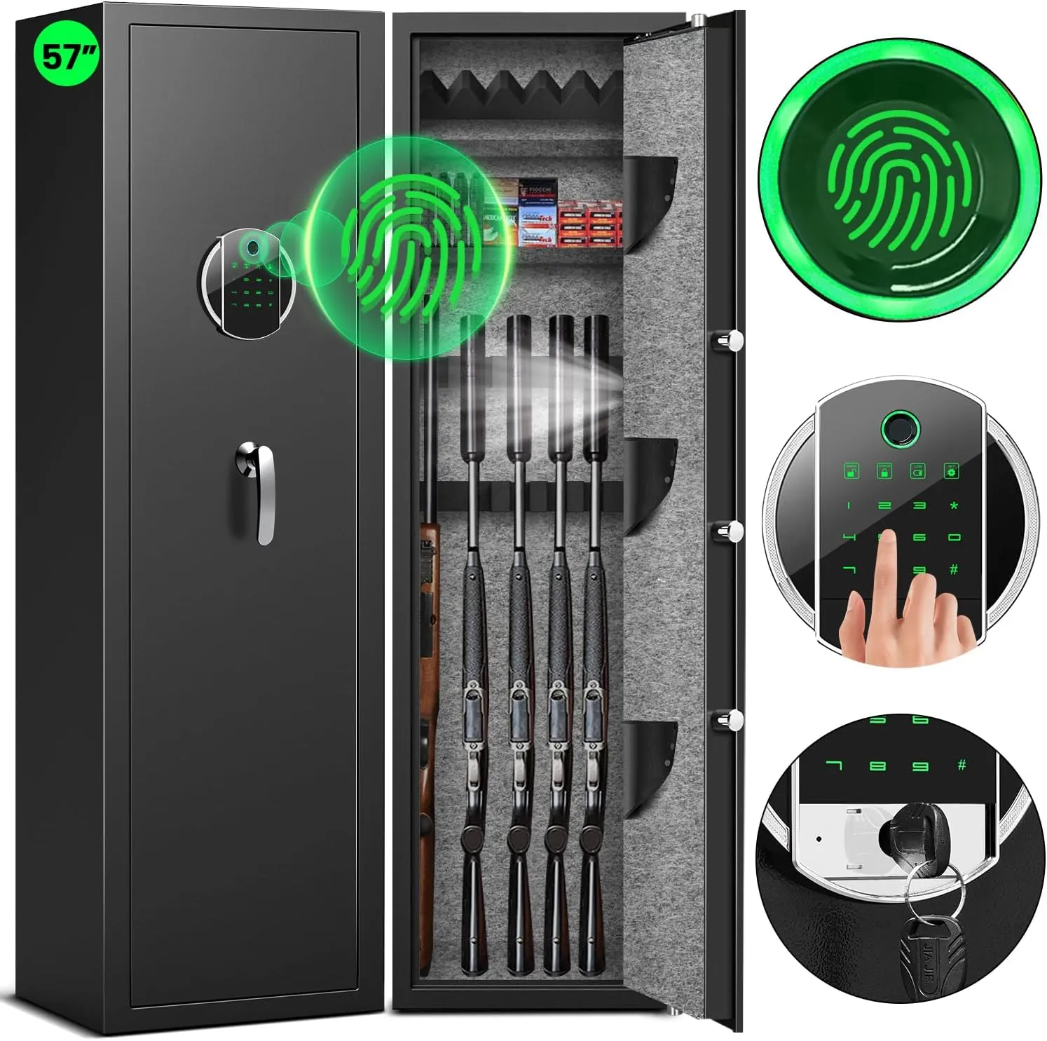Fireproof Rifle Gun Safe, 57" Biometric Gun Safe for Rifles and Pistols, Quick Access 5-8 Heavy Duty Large Gun Cabinet for Rifles and Shotguns with LCD Backlit Keypad, Mute Function, Dual Alarm System