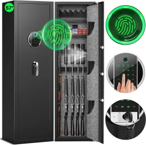 Fireproof Rifle Gun Safe, 57" Biometric Gun Safe for Rifles and Pistols, Quick Access 5-8 Heavy Duty Large Gun Cabinet for Rifles and Shotguns with LCD Backlit Keypad, Mute Function, Dual Alarm System