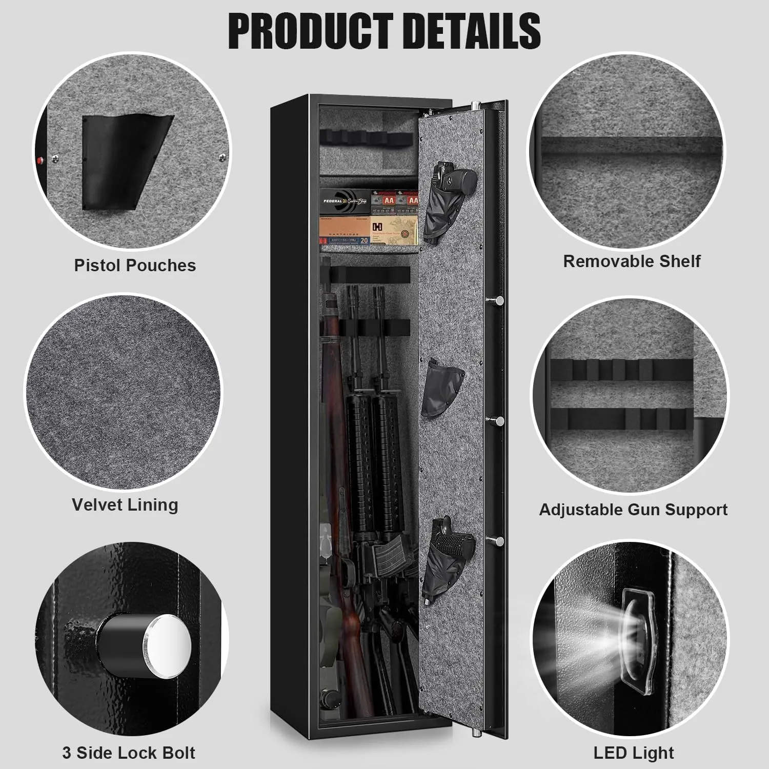 Fireproof Rifle Gun Safe, 57" Biometric Gun Safe for Rifles and Pistols, Quick Access 5-8 Heavy Duty Large Gun Cabinet for Rifles and Shotguns with LCD Backlit Keypad, Mute Function, Dual Alarm System