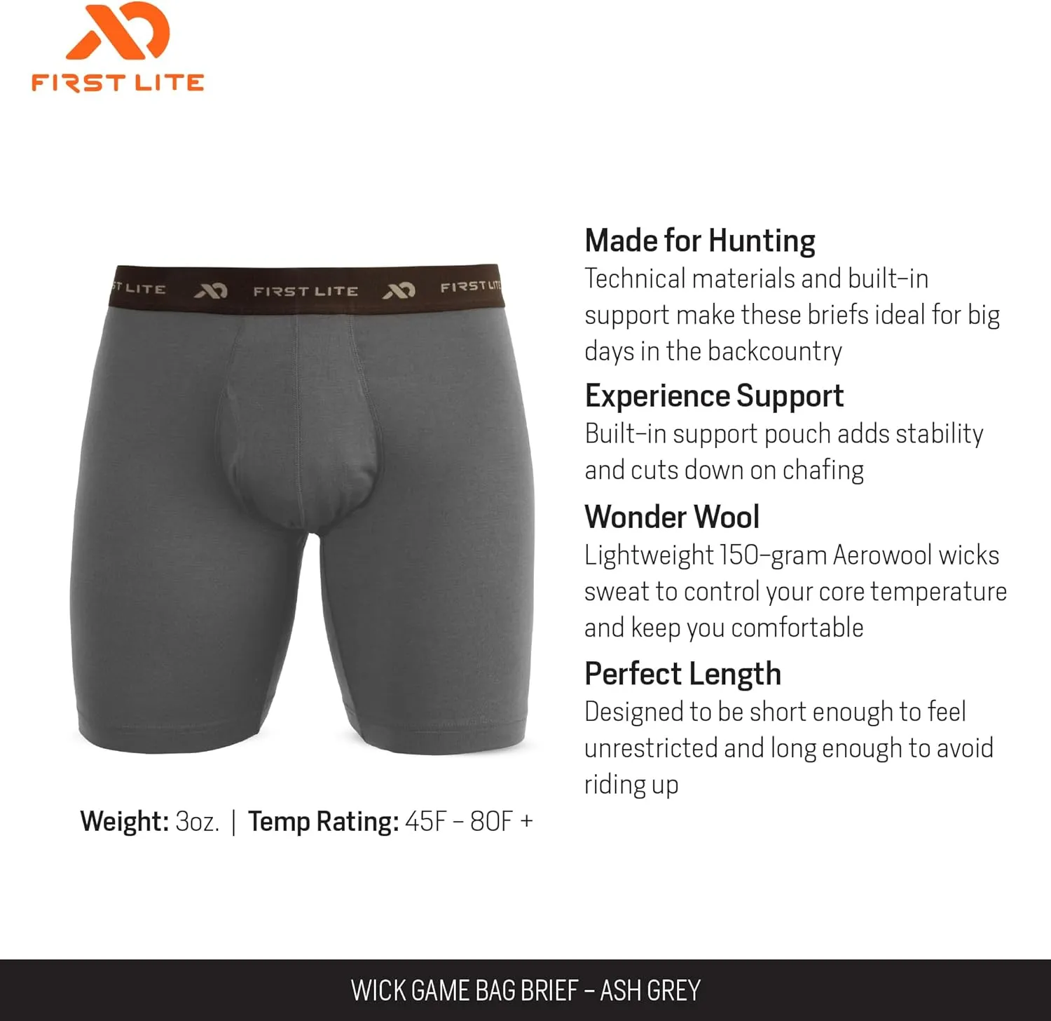 First Lite Men's Wick Game Bag Brief - Ultralight Breathable Merino Wool Underwear
