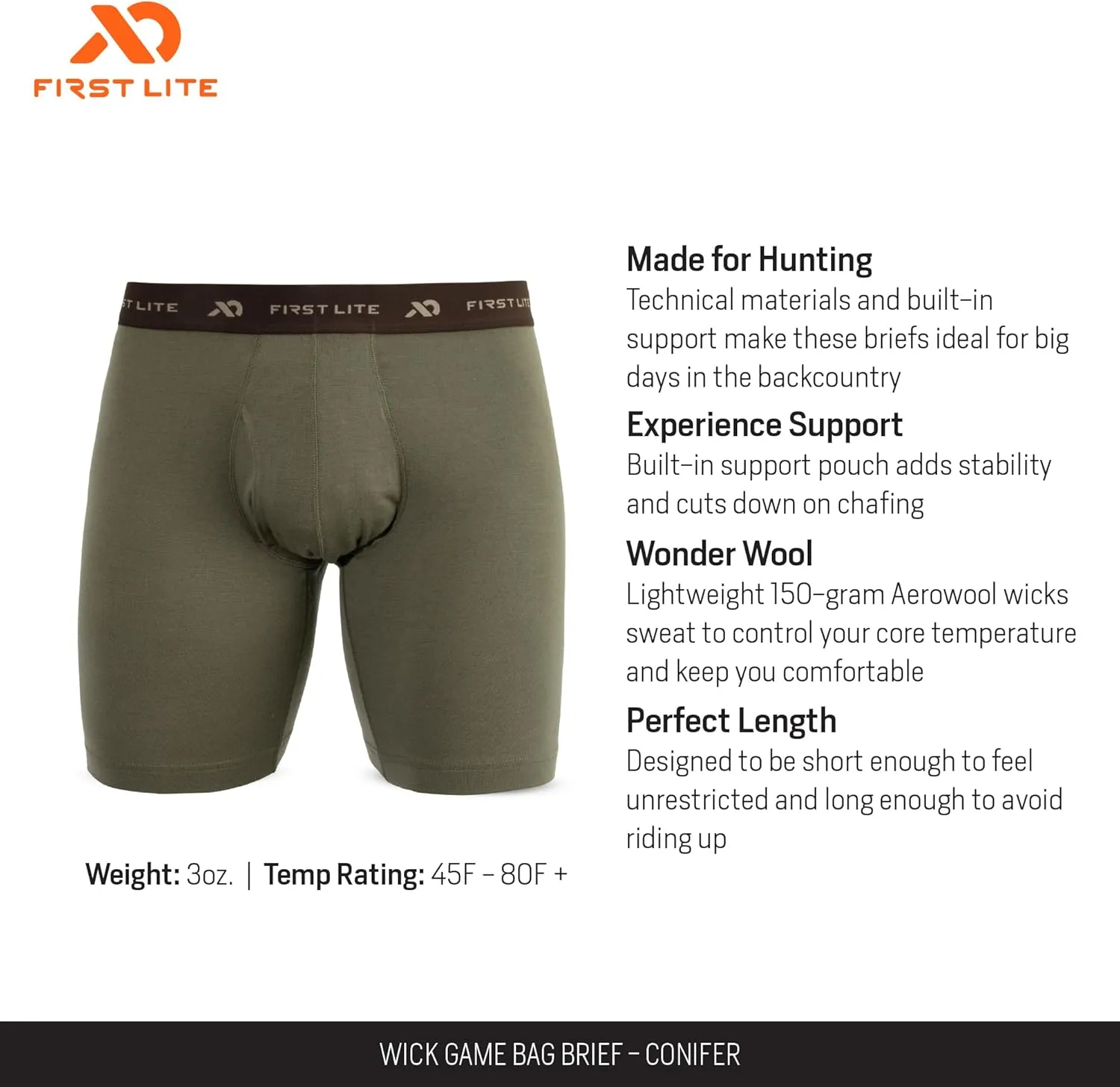 First Lite Men's Wick Game Bag Brief - Ultralight Breathable Merino Wool Underwear