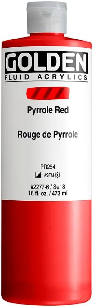 Fluid Acrylics by GOLDEN, Pyrrole Red, 16 fl. oz. Bottle, Professional Acrylic Paint, Semi-Opaque
