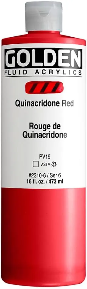 Fluid Acrylics by GOLDEN, Quinacridone Red, 16 fl. oz. Bottle, Professional Acrylic Paint, Transparent