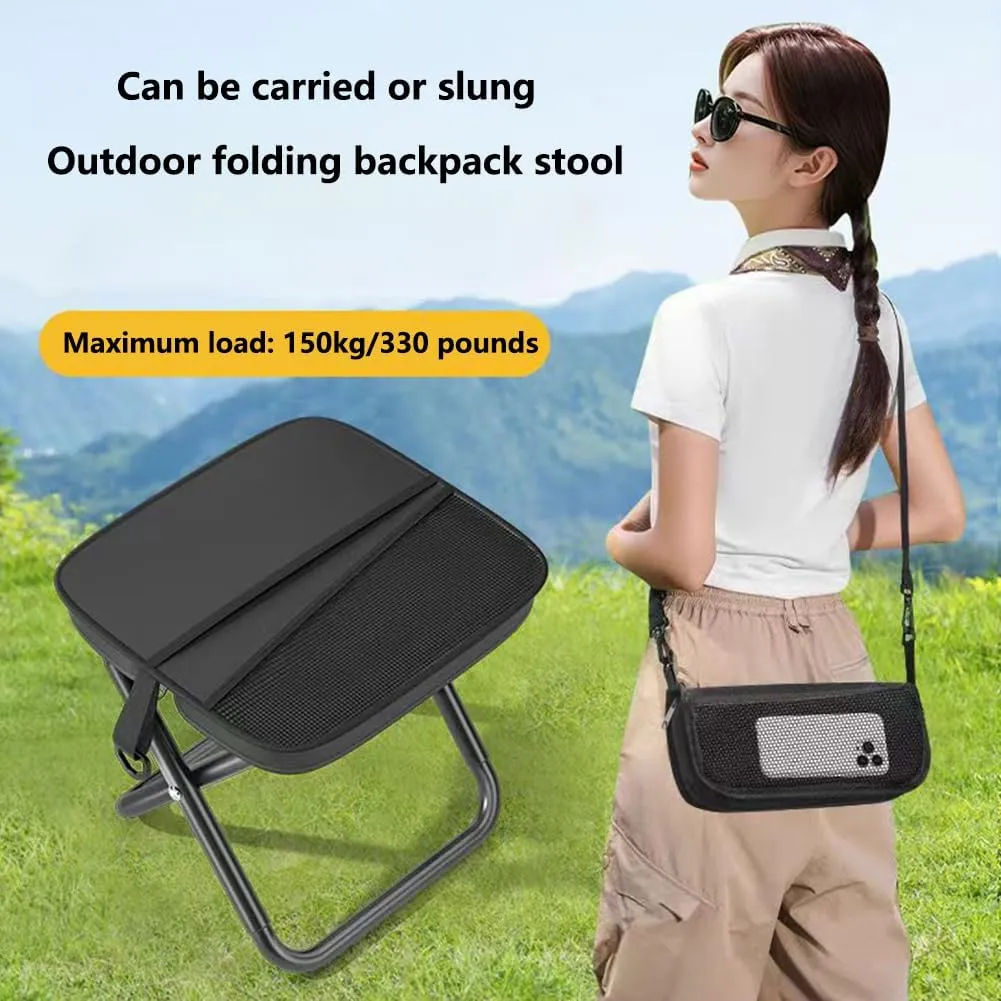 Foldable Backpack Stool, Mountaineering and Hiking Portable Stool, Durable Outdoor Zipper Pack Folding Chair for Traveling, Camping, Fishing and Subway, Maximum Weight 330 Lbs(Pen Bag - Black, L)