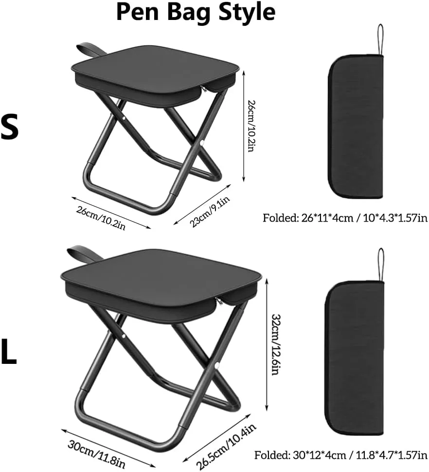 Foldable Backpack Stool, Mountaineering and Hiking Portable Stool, Durable Outdoor Zipper Pack Folding Chair for Traveling, Camping, Fishing and Subway, Maximum Weight 330 Lbs(Pen Bag - Black, L)