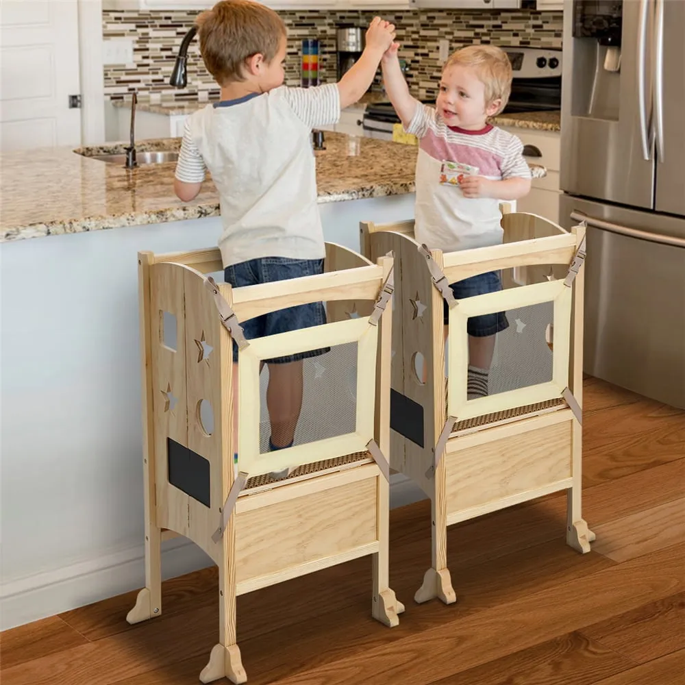 Foldable Toddler Kitchen Step Stool Helper, Adjustable Height Safety Cooking Stool Tower for Toddlers