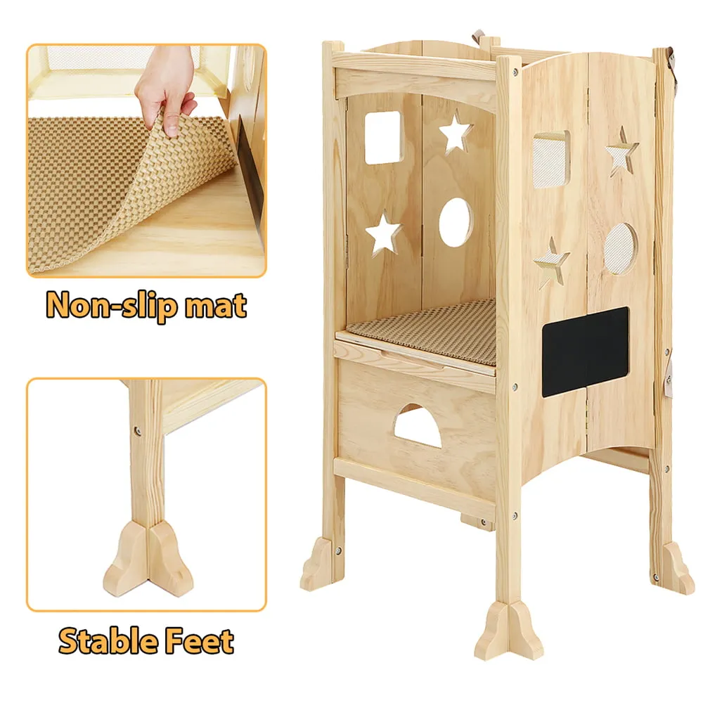 Foldable Toddler Kitchen Step Stool Helper, Adjustable Height Safety Cooking Stool Tower for Toddlers