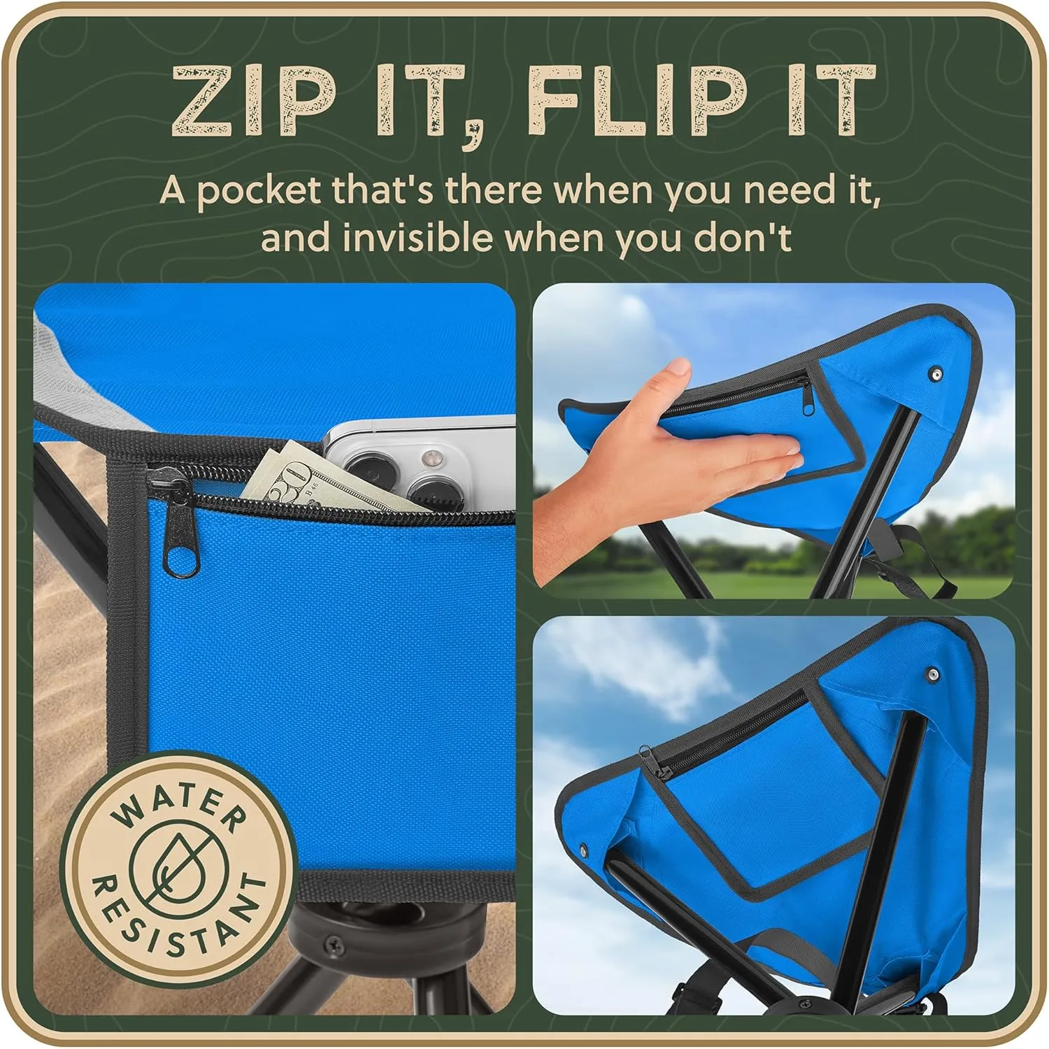 Foldable Tripod Stool - Ultra Portable Seat for Tall People, 20” High - Hunting Chair & Hidden Zippered Pocket - 2 lb Camping Stool, 3 Legged Strong Steel Stool Holds up to 200 lb (Blue/Gray)