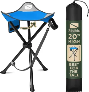 Foldable Tripod Stool - Ultra Portable Seat for Tall People, 20” High - Hunting Chair & Hidden Zippered Pocket - 2 lb Camping Stool, 3 Legged Strong Steel Stool Holds up to 200 lb (Blue/Gray)