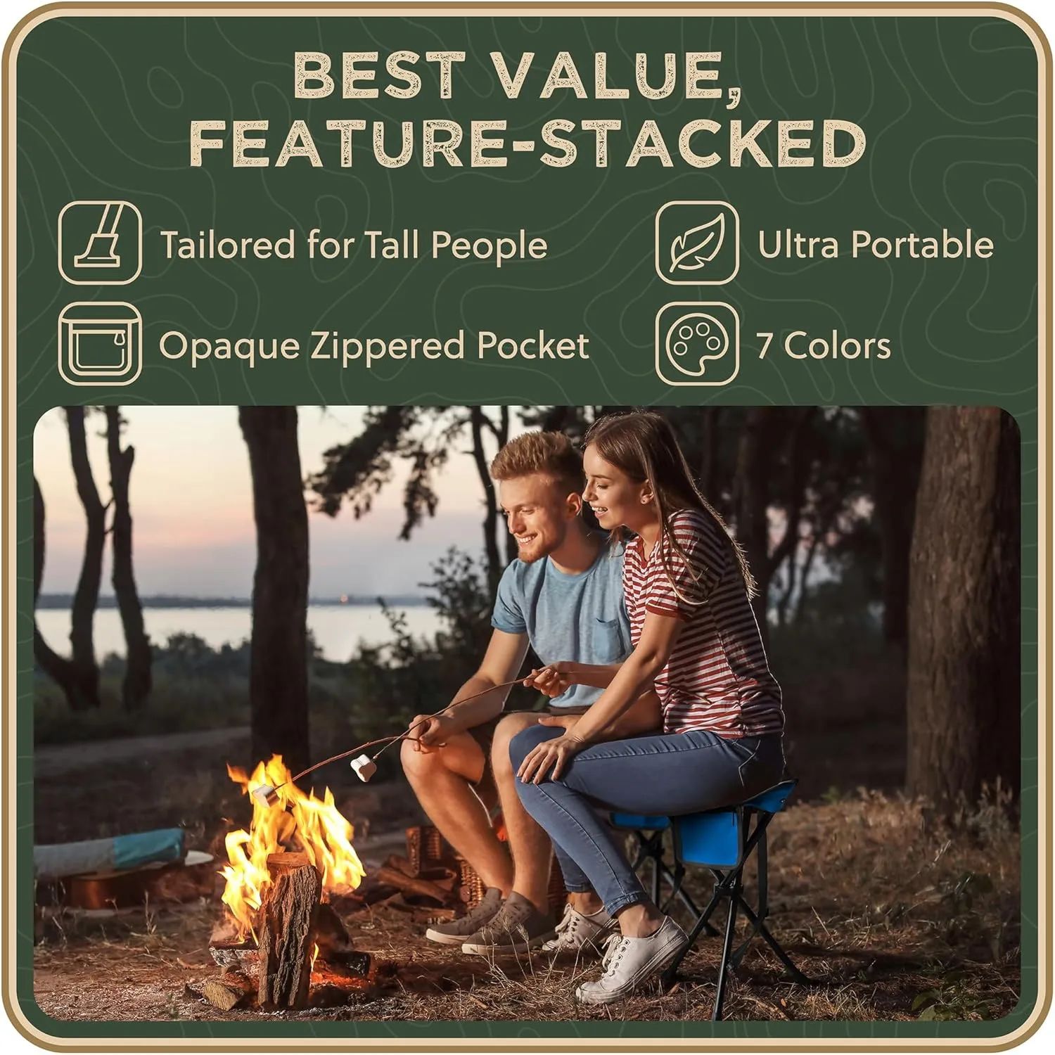 Foldable Tripod Stool - Ultra Portable Seat for Tall People, 20” High - Hunting Chair & Hidden Zippered Pocket - 2 lb Camping Stool, 3 Legged Strong Steel Stool Holds up to 200 lb (Blue/Gray)