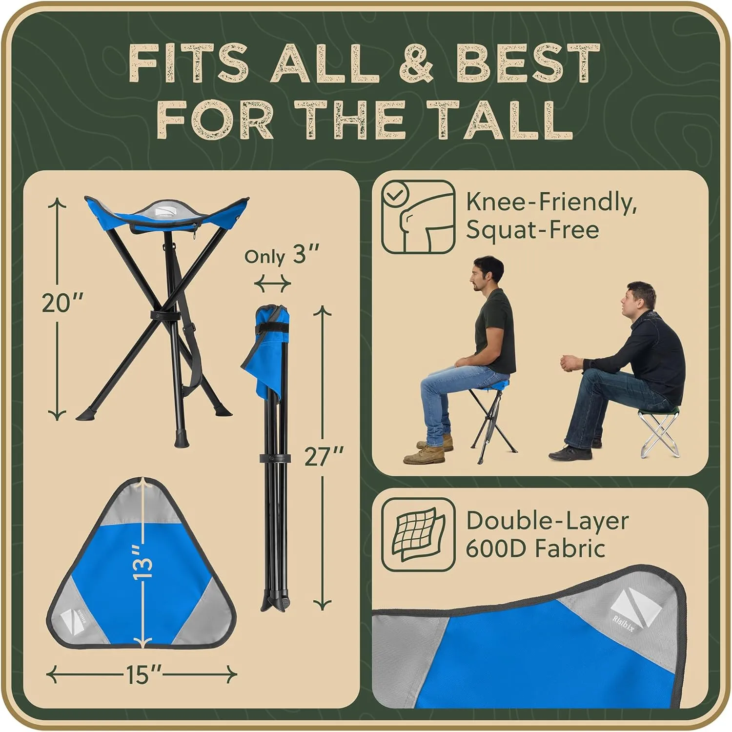 Foldable Tripod Stool - Ultra Portable Seat for Tall People, 20” High - Hunting Chair & Hidden Zippered Pocket - 2 lb Camping Stool, 3 Legged Strong Steel Stool Holds up to 200 lb (Blue/Gray)